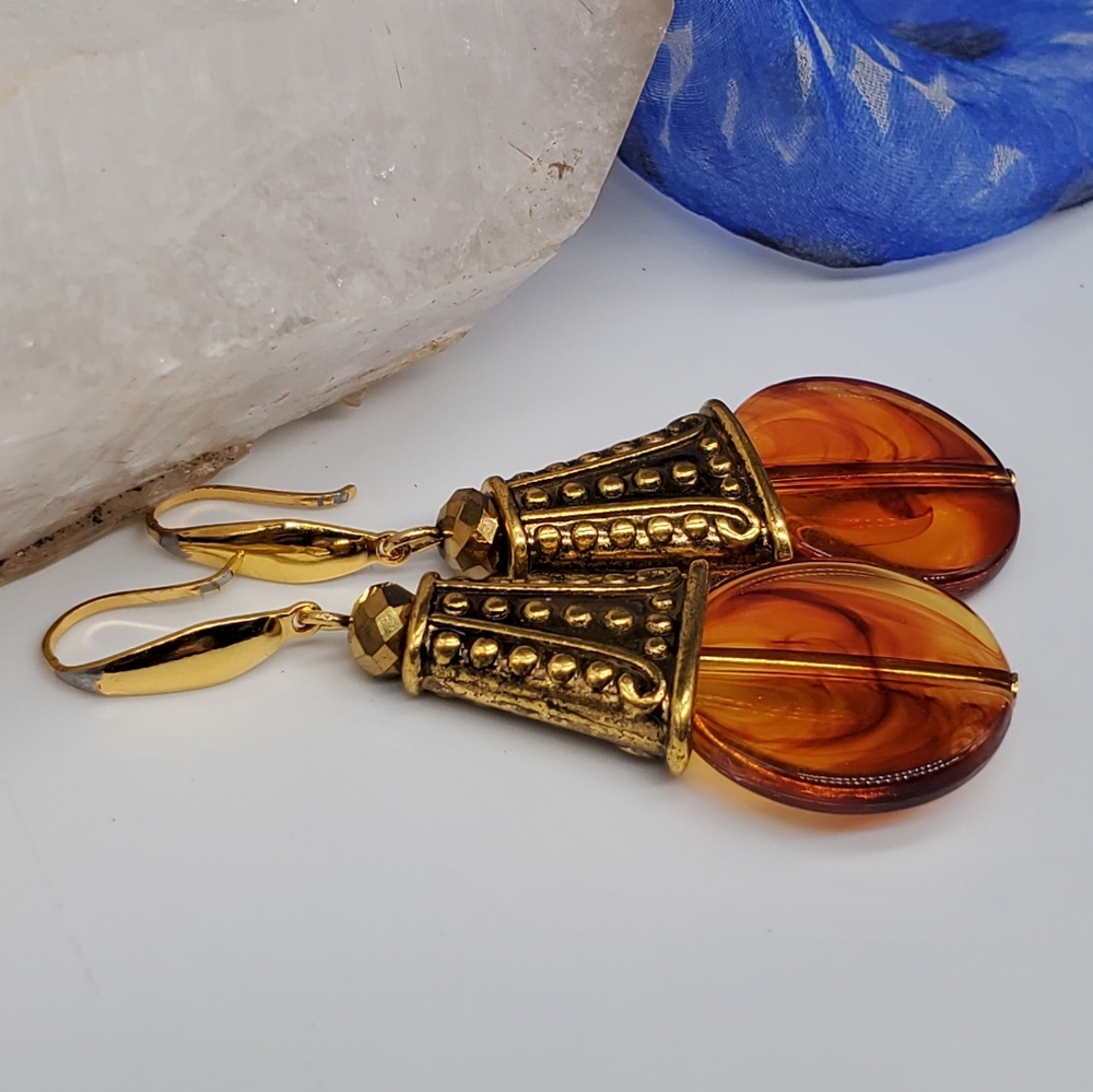 ❤️ Dangling Gold Earrings Resin Amber Honey Color Beads Hypoallergenic Hooks - Picture 4 of 11